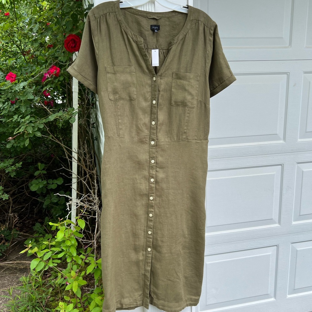 NWT Talbots Pretty Cool Olive Green Linen Shirt Midi Dress Pockets 16W